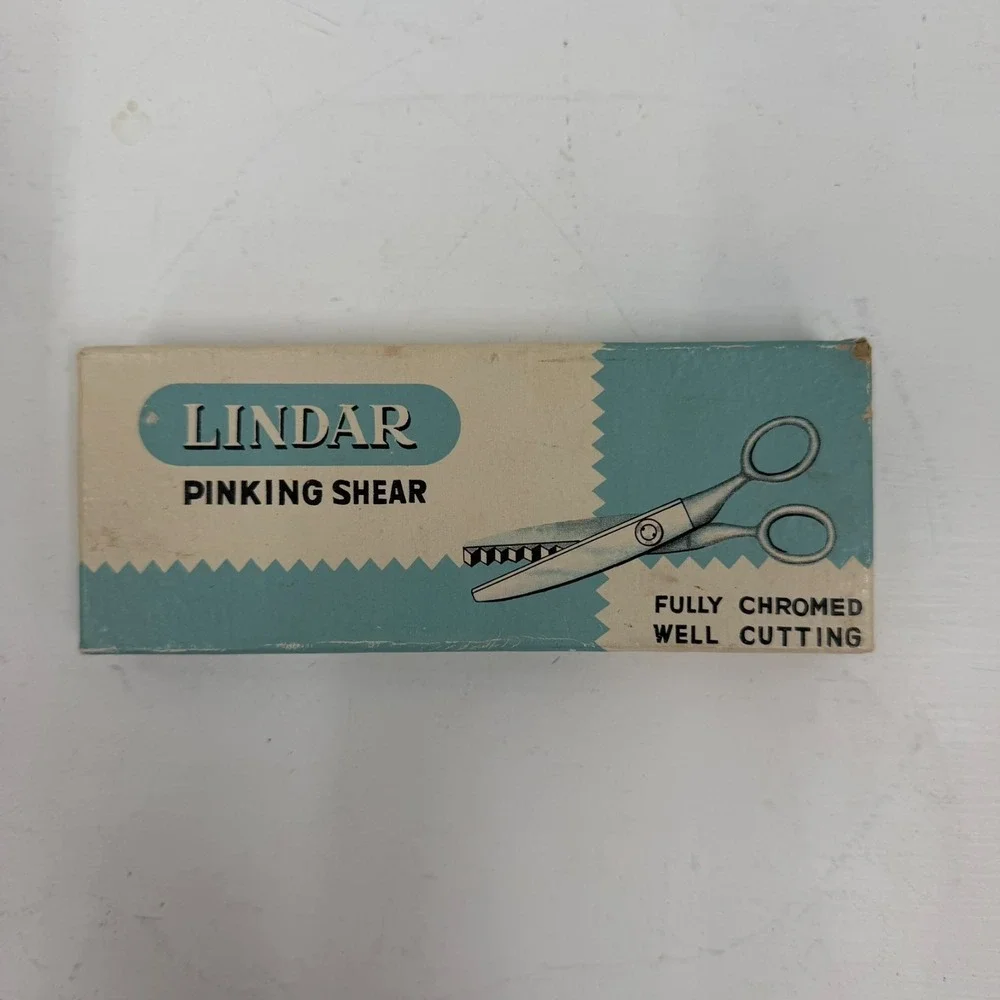 VTG Lindar Pinking Shears Japan Sewing Scissors Original Box Chrome Retro